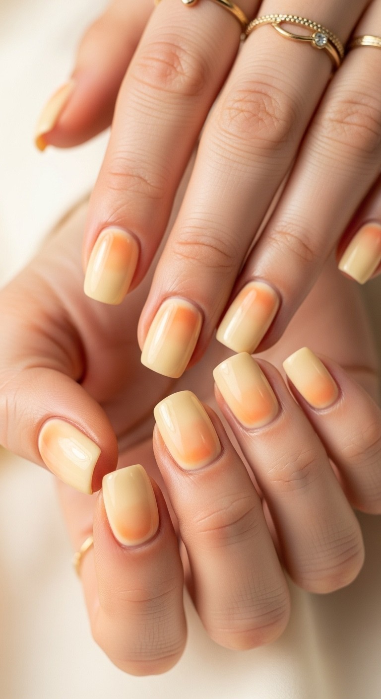 Close-up of nails painted in soft mango butter yellow with peach undertones and a glossy finish, styled with delicate gold rings on natural-toned hands.