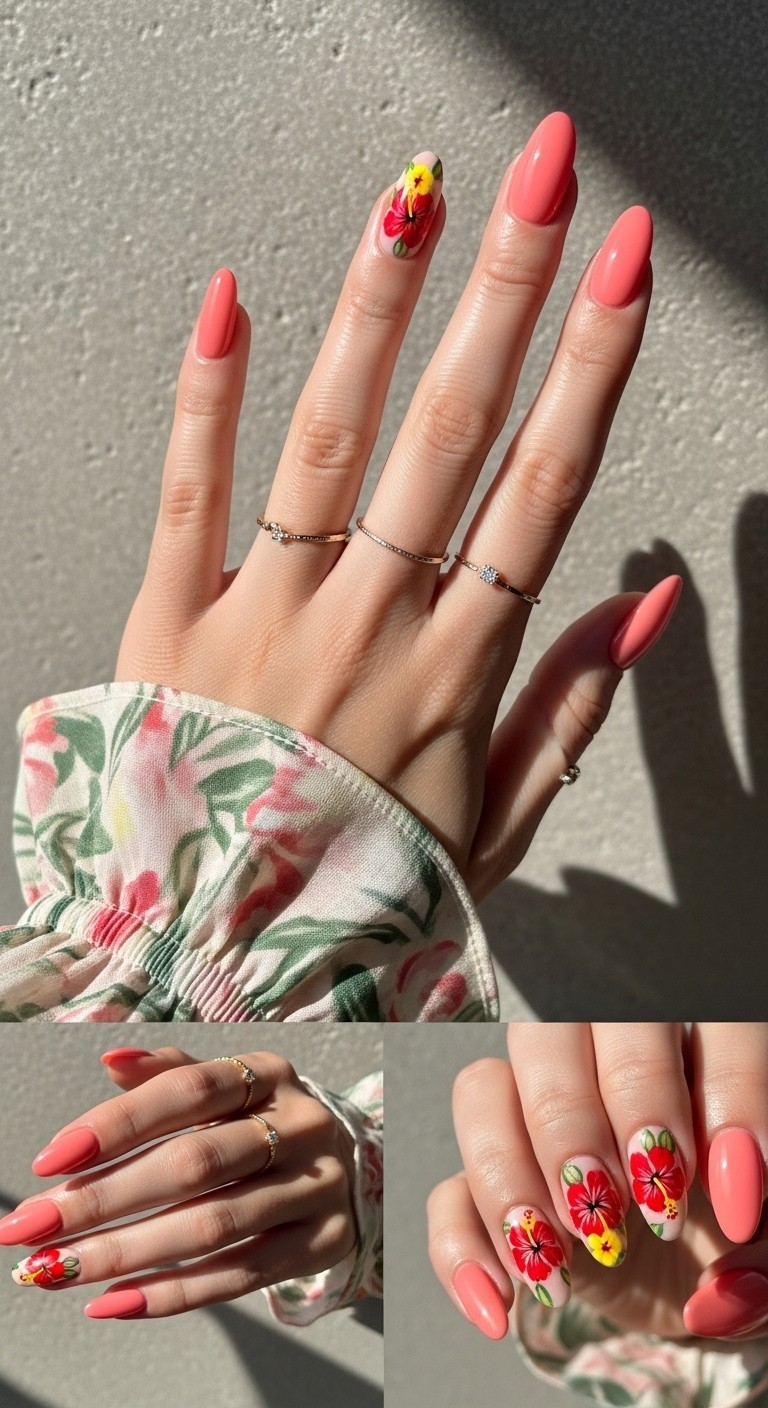 Close-up of a woman’s hand with hibiscus flower nail art in soft pink and coral tones, featuring tropical floral details on almond-shaped nails with gold rings and a light floral sleeve.