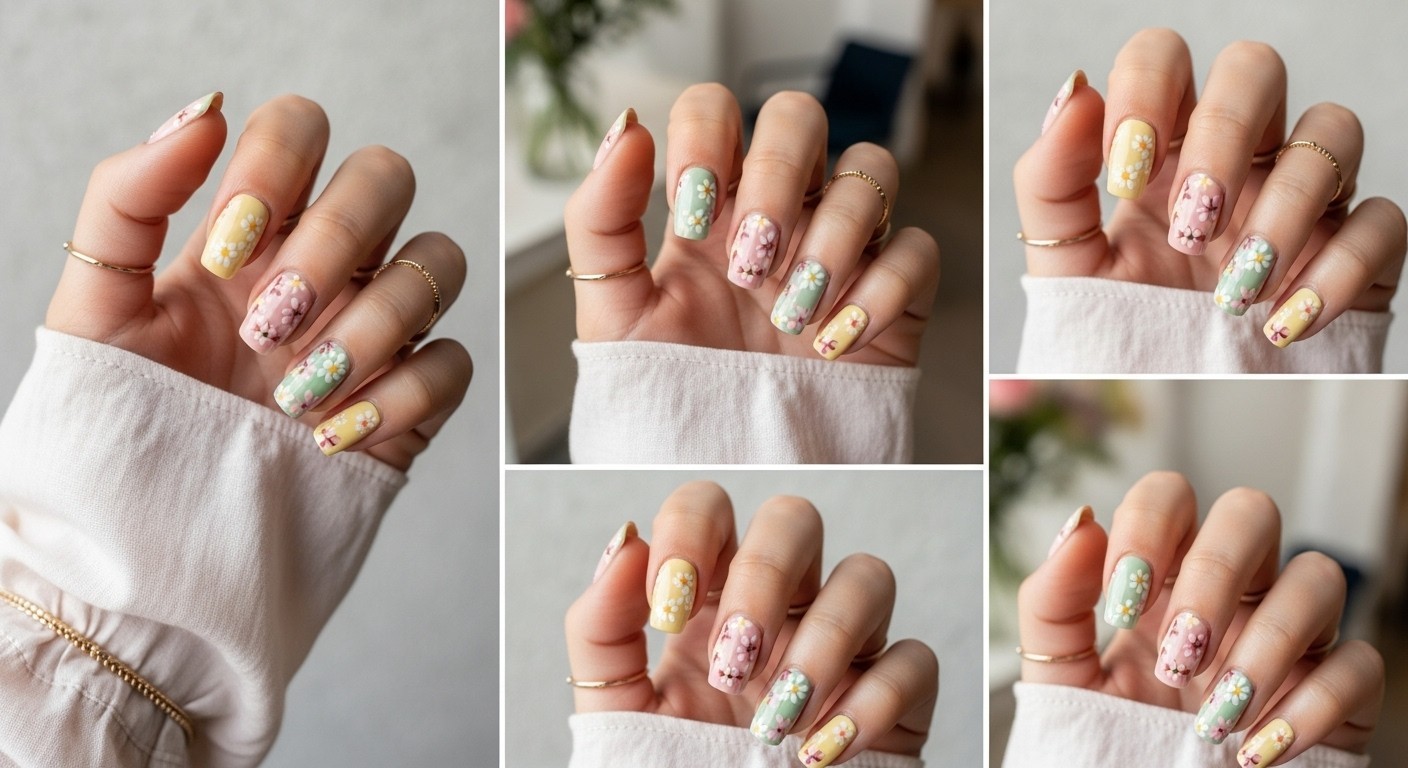 Natural hand with glossy pastel nails featuring delicate spring floral designs in butter yellow, blush pink, and mint green, accessorized with minimal gold rings and soft fabric sleeves.