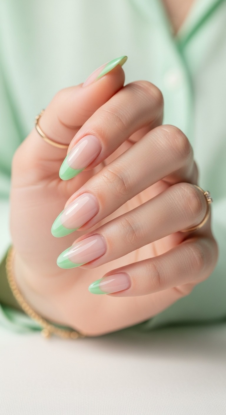 Almond nails with a sheer nude base and light green honeydew chrome French tips on a fully visible, naturally posed hand.