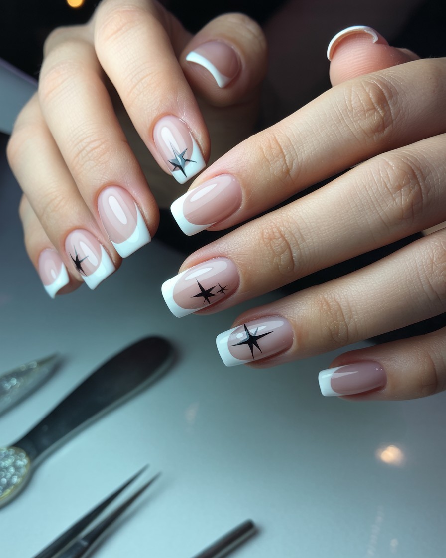 White French tip nails featuring glossy black star accents on almond-shaped nails in a chic nail salon setting.