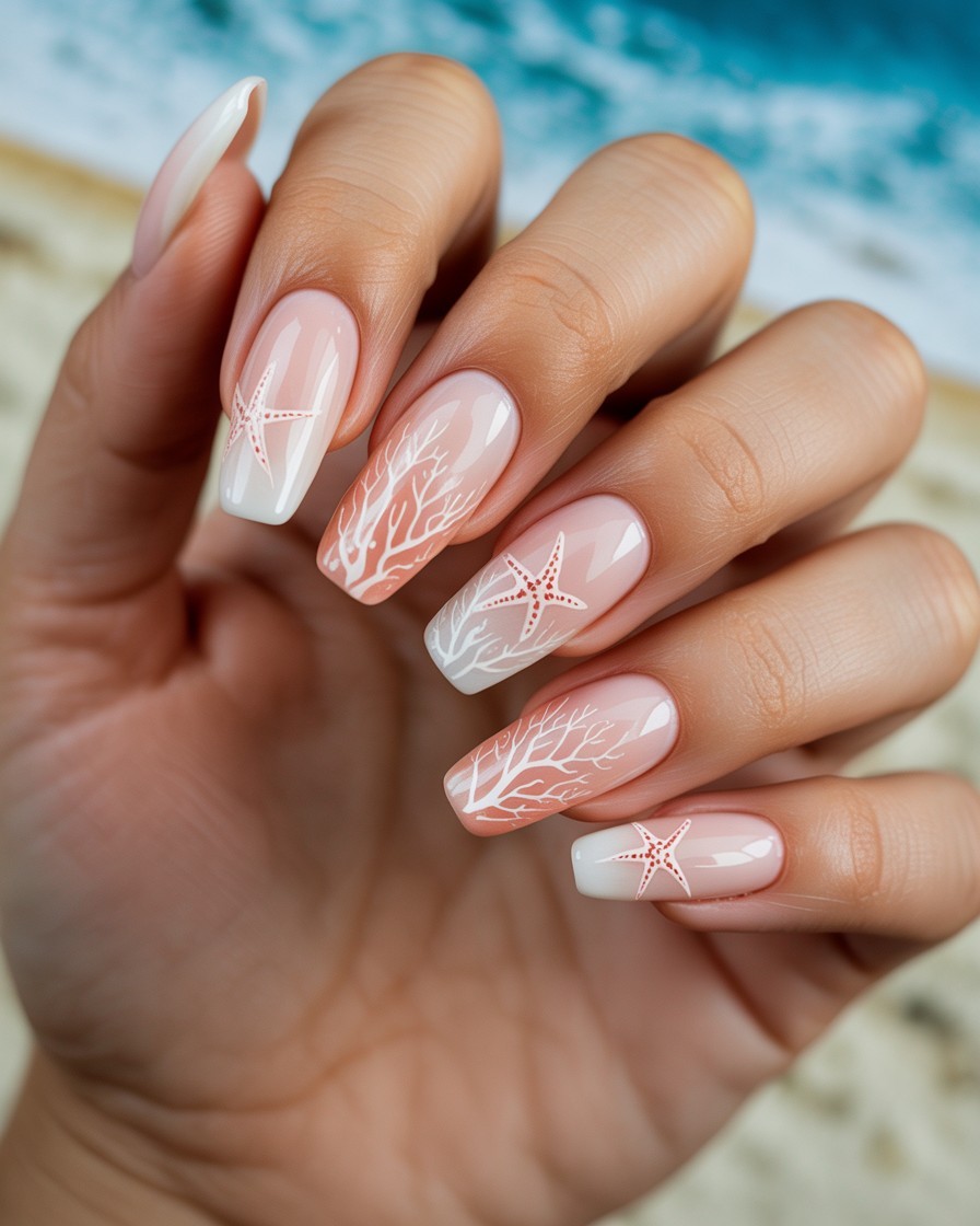 Glossy pale pink gel nails decorated with delicate starfish and coral branch nail art.
