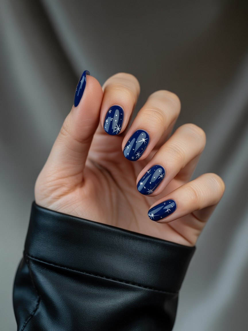hand with oval-shaped midnight blue French tip nails decorated with silver and white star designs, framed by a black leather sleeve.