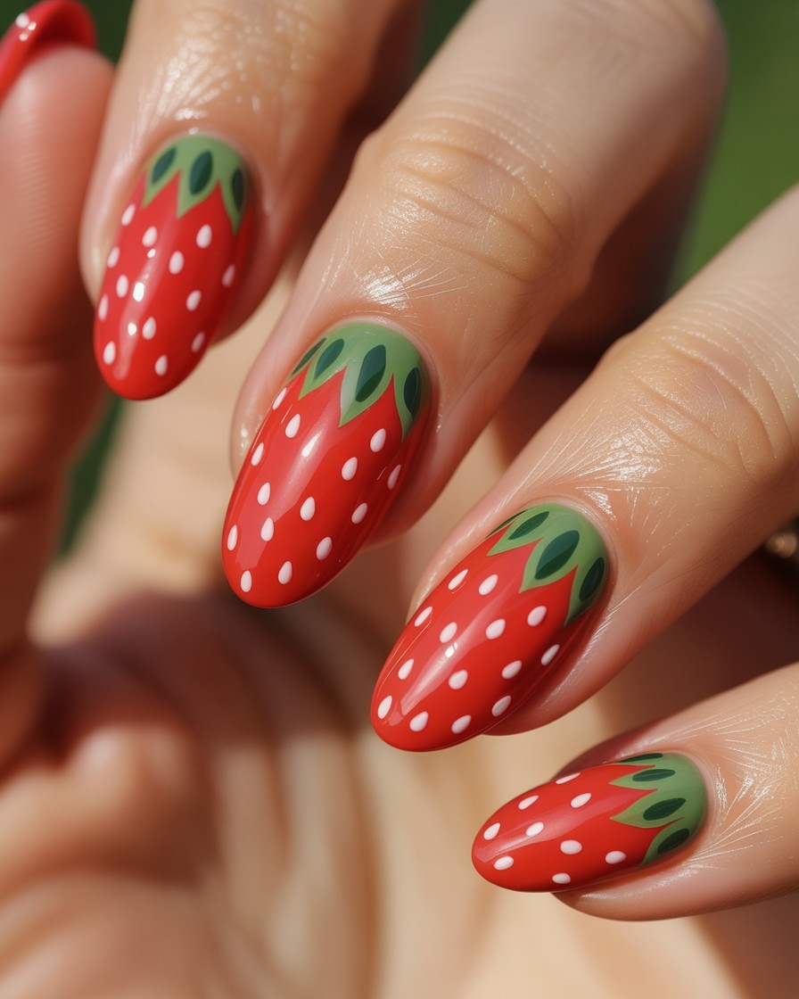 Hyper-realistic red nails with white seed dots and green leafy tips, inspired by strawberries.