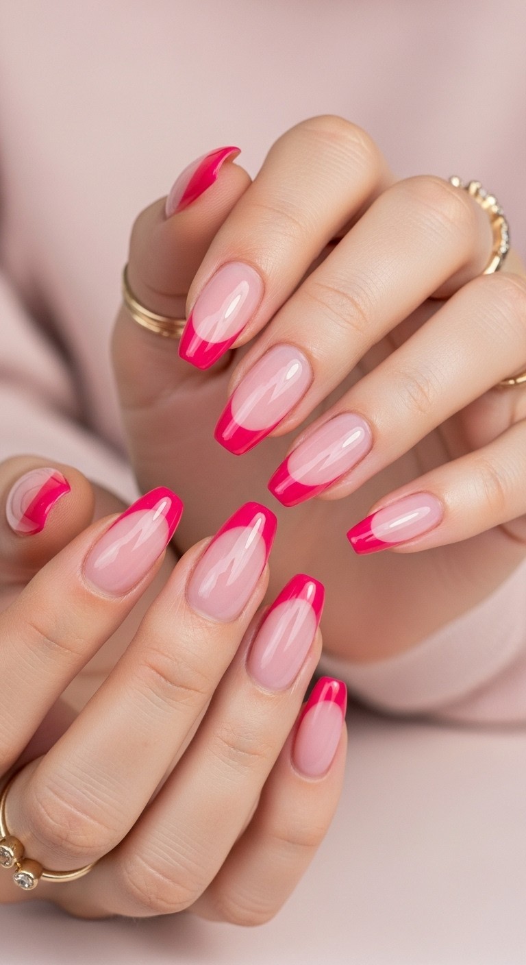 nails with strawberry-pink chrome French tips and a sheer base on a fully visible, naturally posed hand.