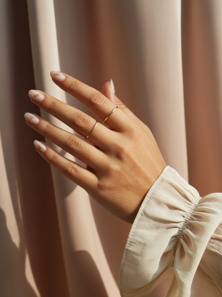 Hand with subtle gold accent nails, thin gold rings, and cream flowy sleeves.