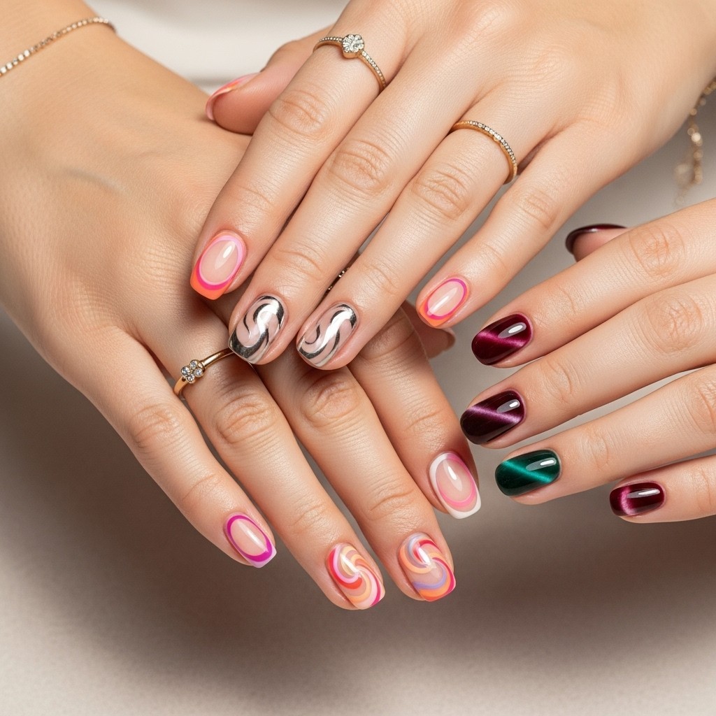 Three well-groomed feminine hands showcasing different swirl nail designs—sunset swirl French tips, chrome swirl French, and velvet cat-eye swirls—posed together on a soft neutral background with delicate gold jewelry.