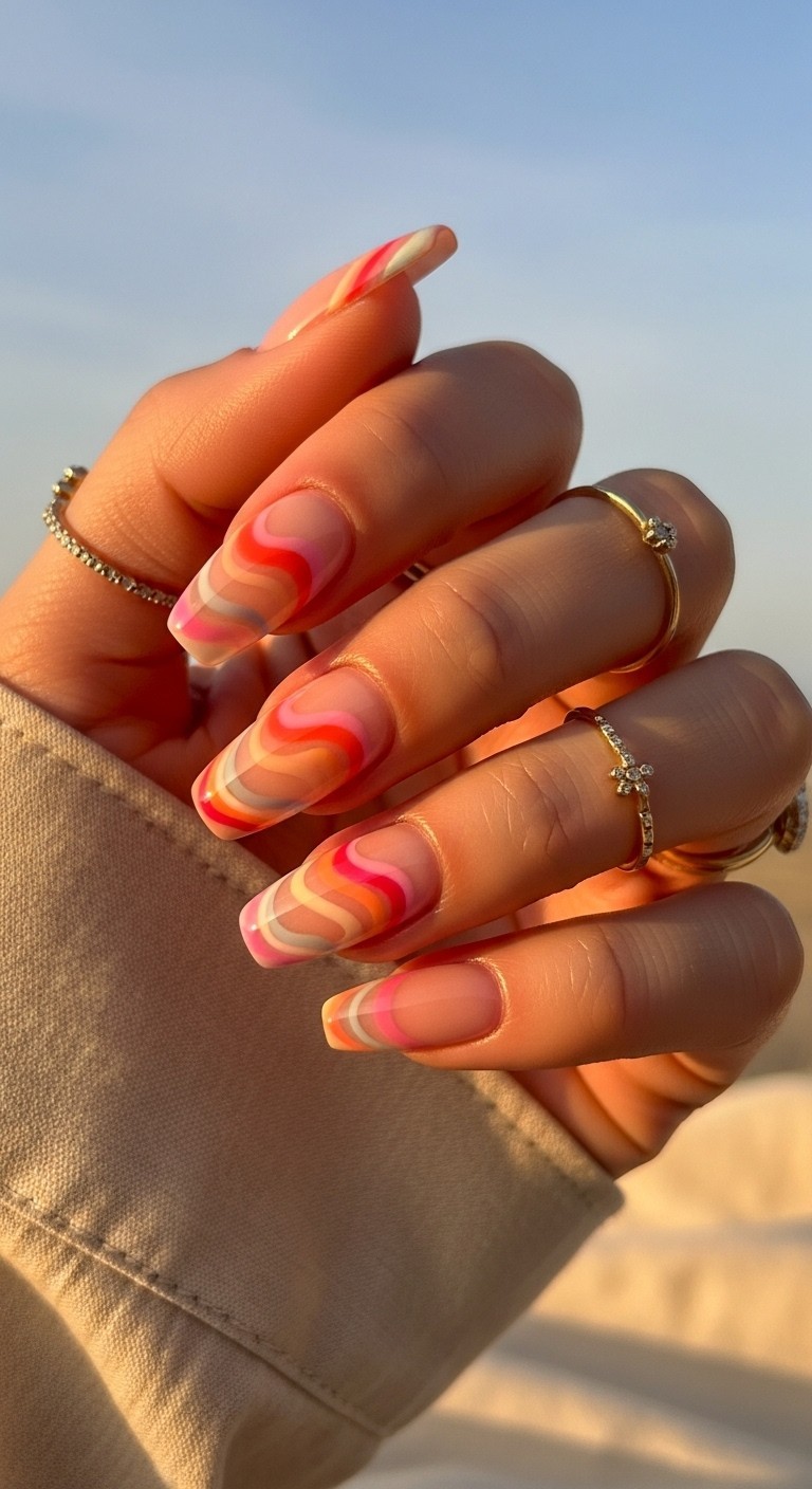 Sunset swirl French tips with coral, peach, pink, and lavender swirls on a sheer blush base, styled on a manicured hand with gold rings