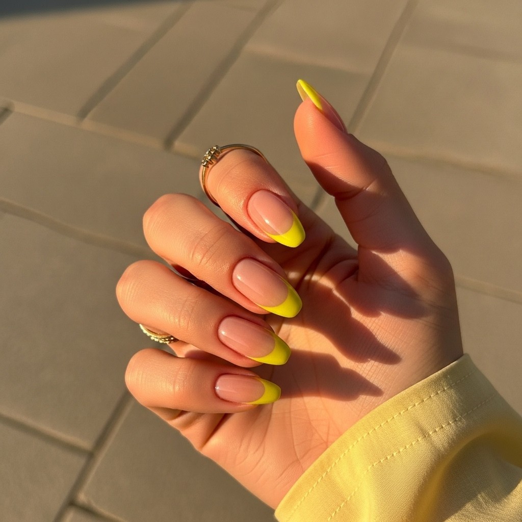 Medium almond nails with nude base and bold sunshine-yellow chrome French tips on a naturally posed hand.