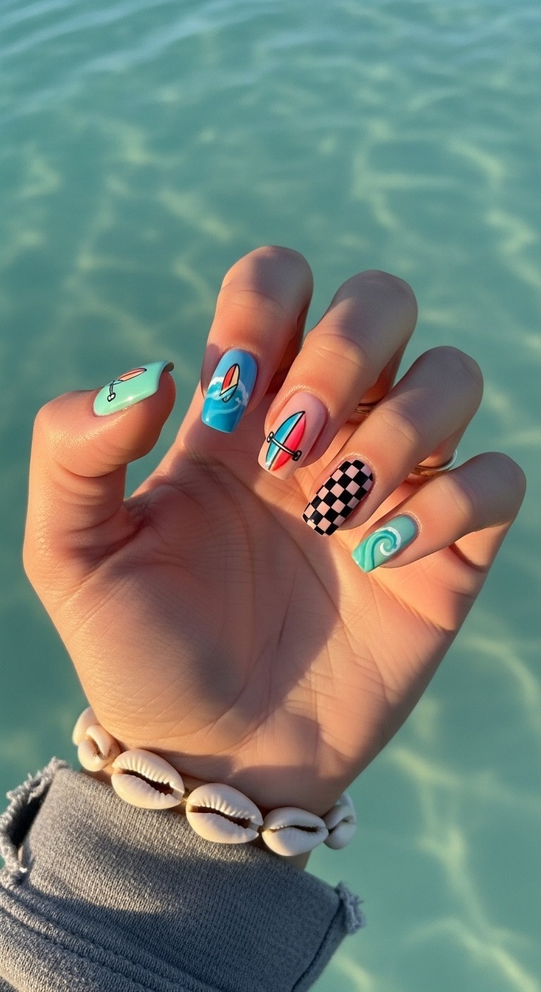 woman’s hand with hand-painted surfer and skateboard-inspired nail art, featuring wave curls, skate stripes, and sun-faded colors, styled with a breezy sleeve and subtle rings.
