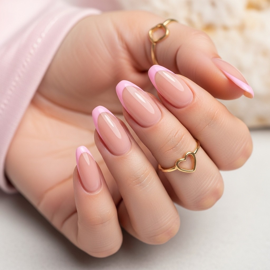 soft pink chrome French tip design on a relaxed, fully visible hand with a neutral background.