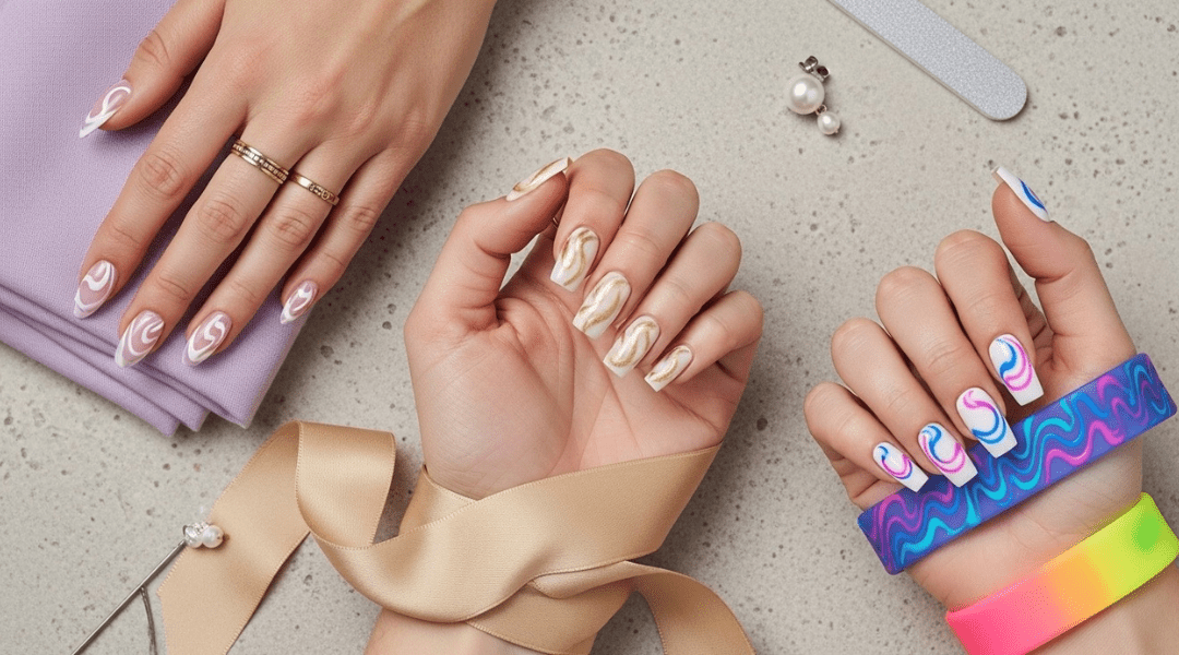 Three swirly nail designs: Lilac Mist Swirl French (sheer purple with white swirls), Gold Dust Swirl French (vanilla base with gold accents), and Neon Wave French (electric blue/pink swirls on white tips). Flat lay with linen, silk, and accessories.