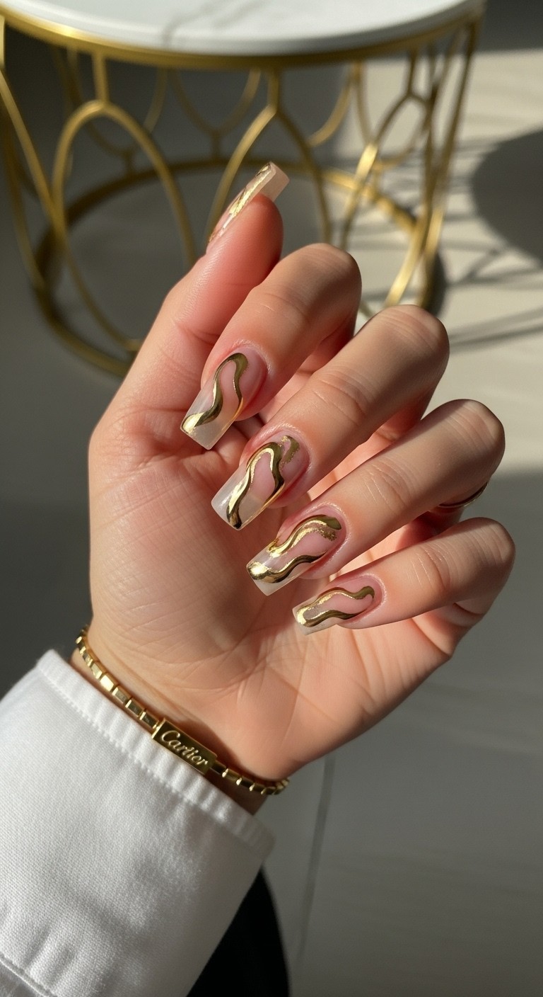 Luxury gold foil French manicure with blush base and hand-placed gold swirl accents on square nails, styled with fine jewelry