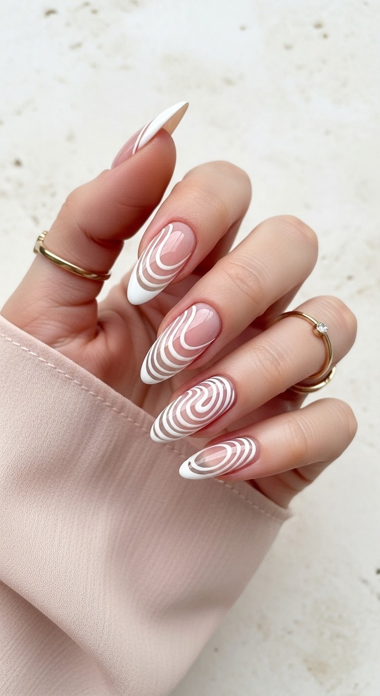 Hand with almond-shaped nails featuring white swirly French tip designs over a nude base, accessorized with a gold ring and styled against an off-white stone background with soft lighting.