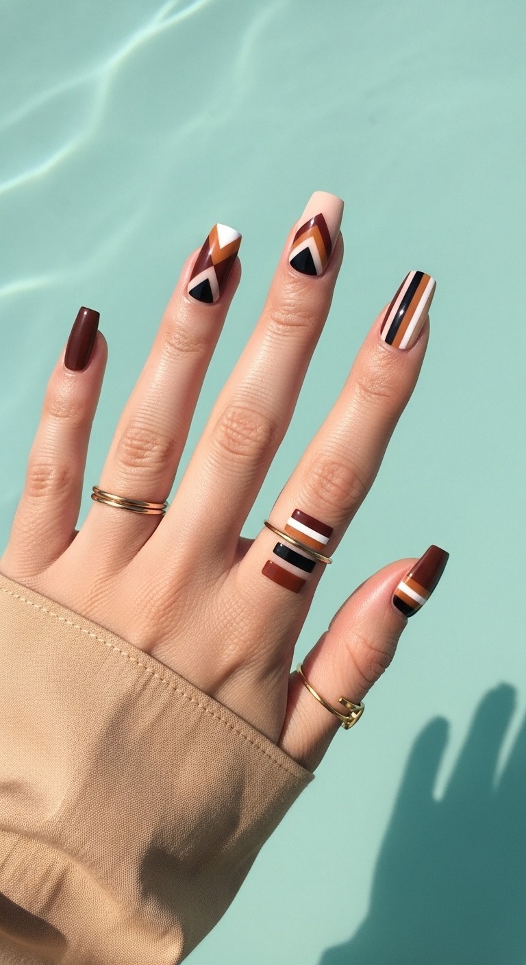 woman's hand with tapa-inspired geometric nail designs created using striping tape and earthy-toned polish, styled with gold rings and neutral fabric against a textured background.