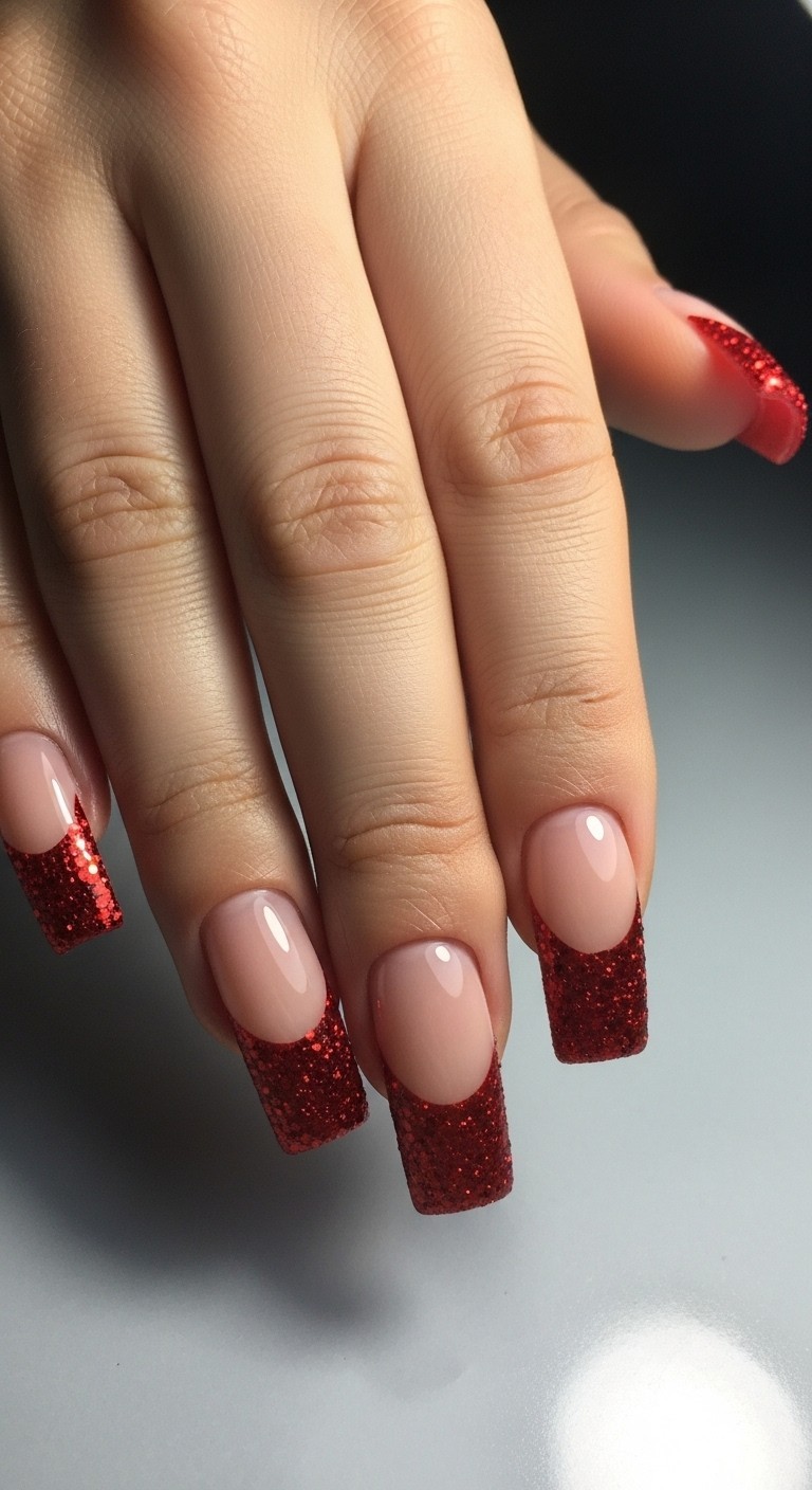 hand with straight fingers featuring medium-length nails with nude base and thick, sparkly red glitter French tips.