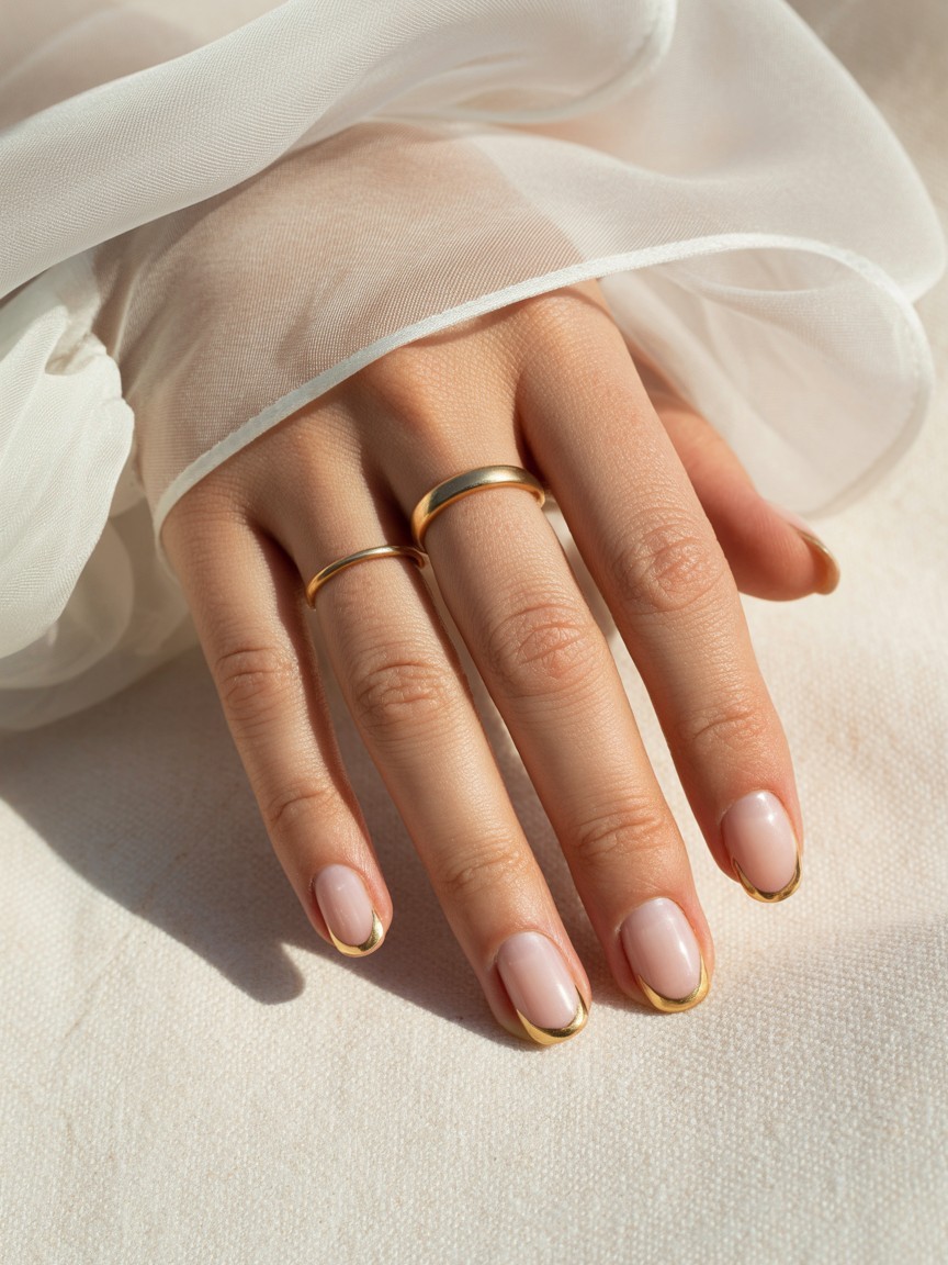 Hand with thin gold French tip nails, minimalist gold rings, and sheer white fabric sleeves.
