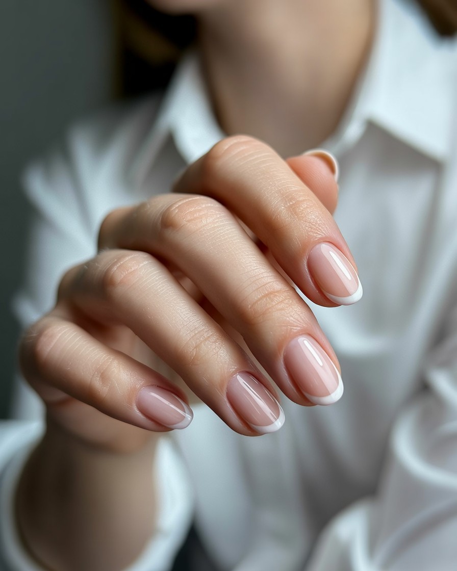 Close-up of almond-shaped nails with thin white French tips on a natural base, glossy finish, hyper-realistic style with blurred background and shirt cuff.