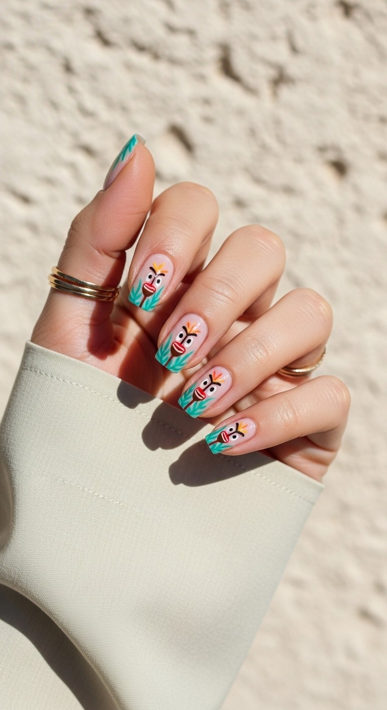 A close-up of a woman's hand with glossy Tiki Torch-inspired nail art, hand-painted with warm polish tones, holding a delicate object, styled with gold rings and flowy sleeves against a textured stone background.