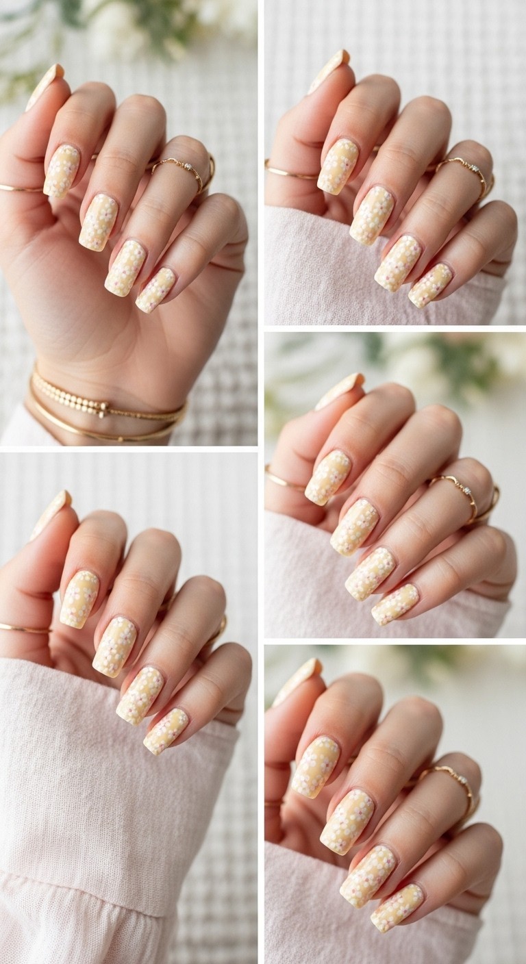 Natural hand with glossy nails featuring delicate tiny white and pale pink floral designs on a soft butter yellow base, accessorized with minimal gold rings and light fabric sleeves.
