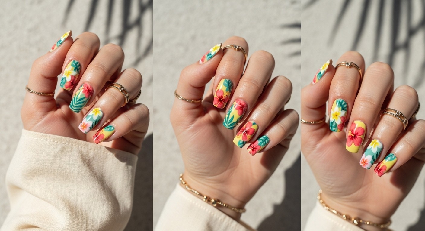 Natural hand with glossy nails featuring vibrant tropical floral designs in butter yellow, coral, and teal, accessorized with minimal gold rings and soft fabric sleeves.