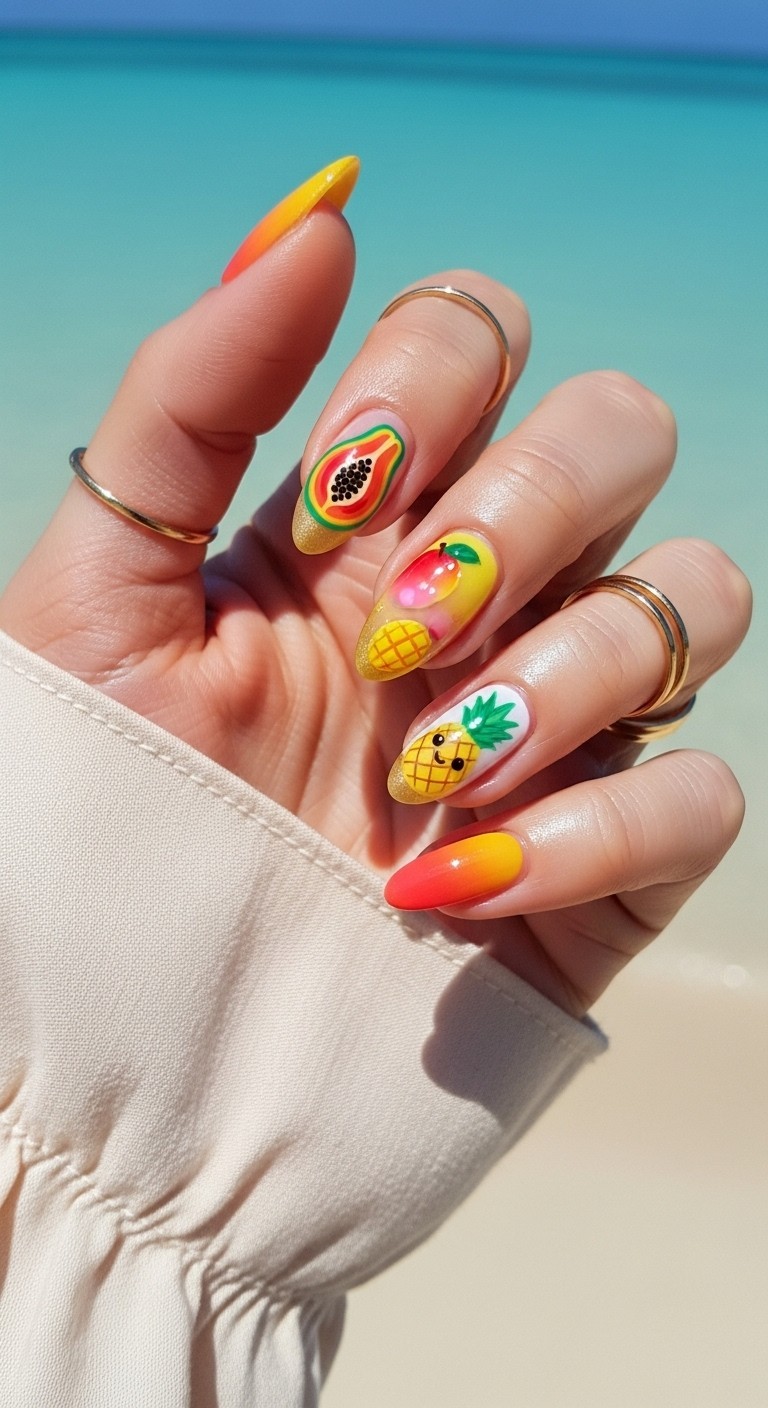 woman's hand with almond and coffin-shaped nails featuring hand-painted tropical fruit designs, including papaya, mango, and pineapple over gold glitter bases, against a bright turquoise water background.