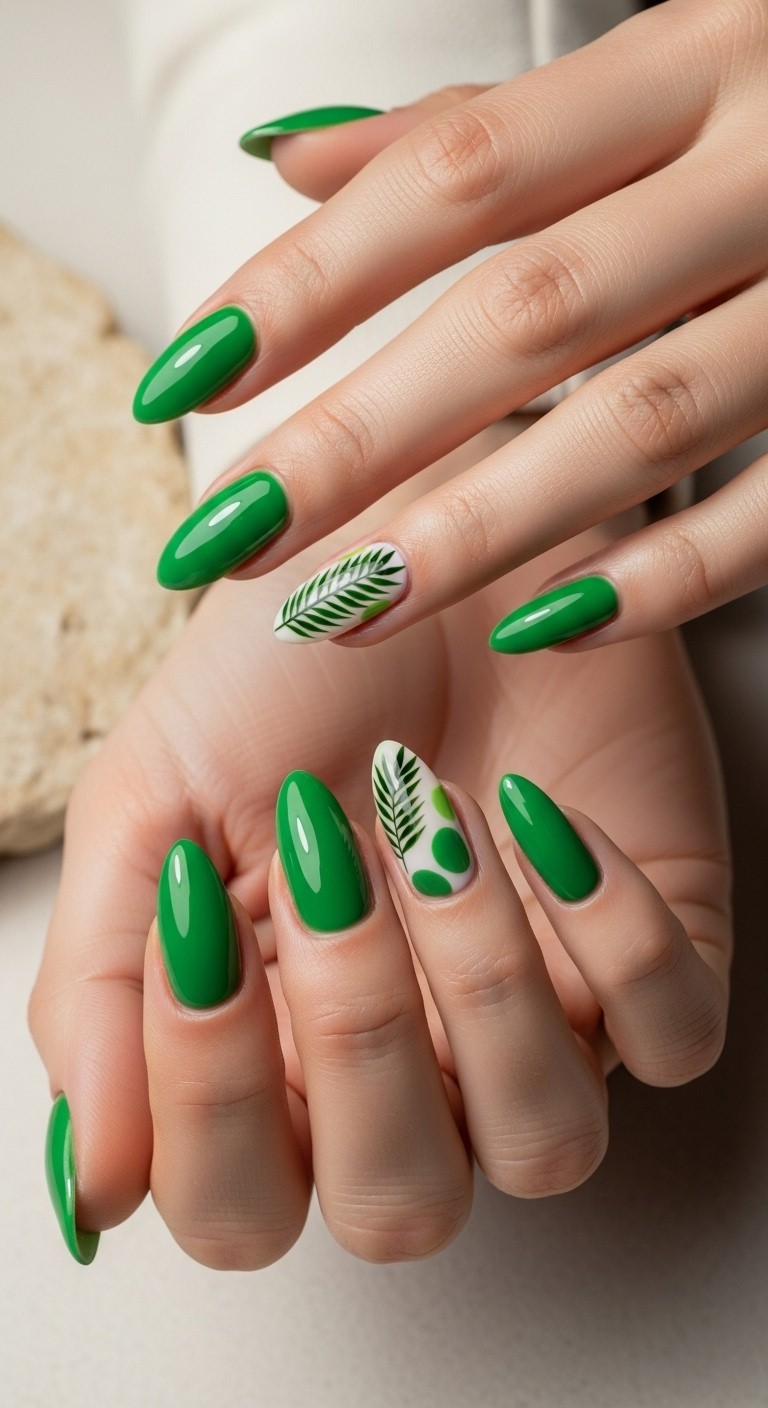 woman’s hand with almond-shaped nails painted in tropical green tones, featuring hand-done palm frond accents and styled with soft lighting over a neutral background.