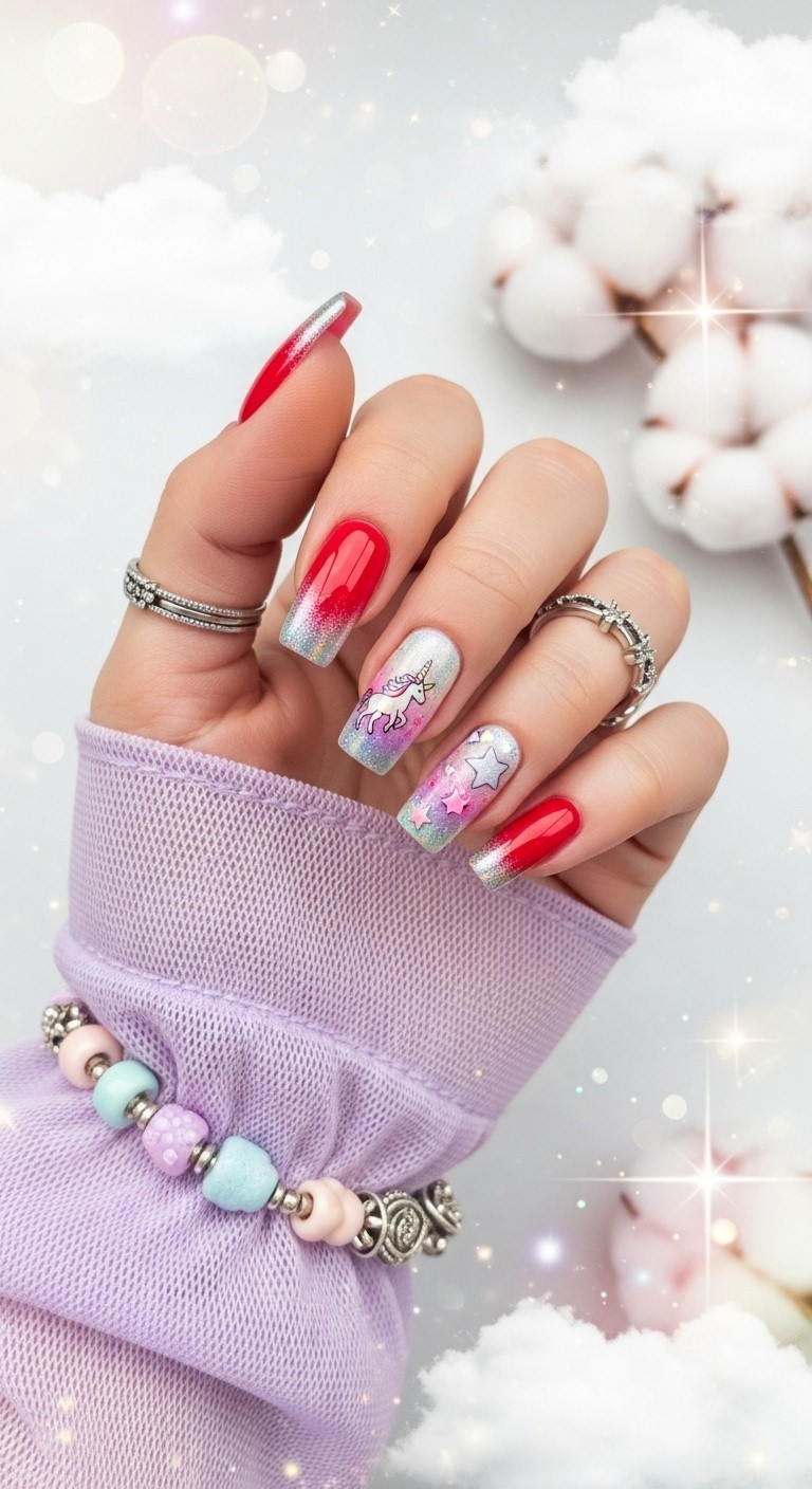 Glossy red French tip nails with iridescent unicorn-inspired shimmer and pastel star details, styled with a soft lavender sleeve.