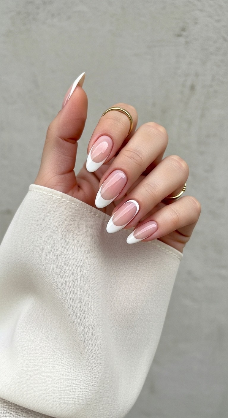 hand with almond-shaped nails featuring glossy nude polish and white upside-down French tips near the cuticle, styled with a soft chiffon sleeve and gold ring.