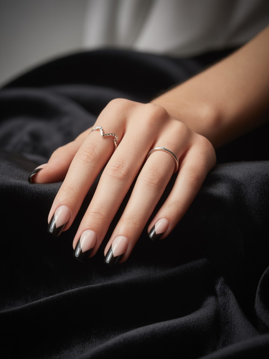 Hand with glossy black V-shaped French tip nails on a nude base, styled against a dark textured background.