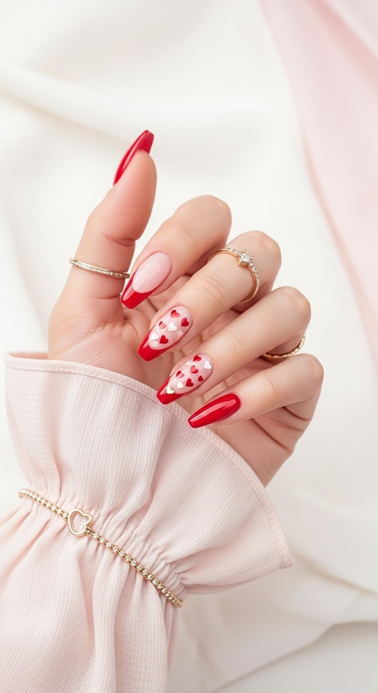 Red French tip nails with dainty heart accents styled on a relaxed hand wearing a blush pink sleeve, set against a soft rose-toned background.