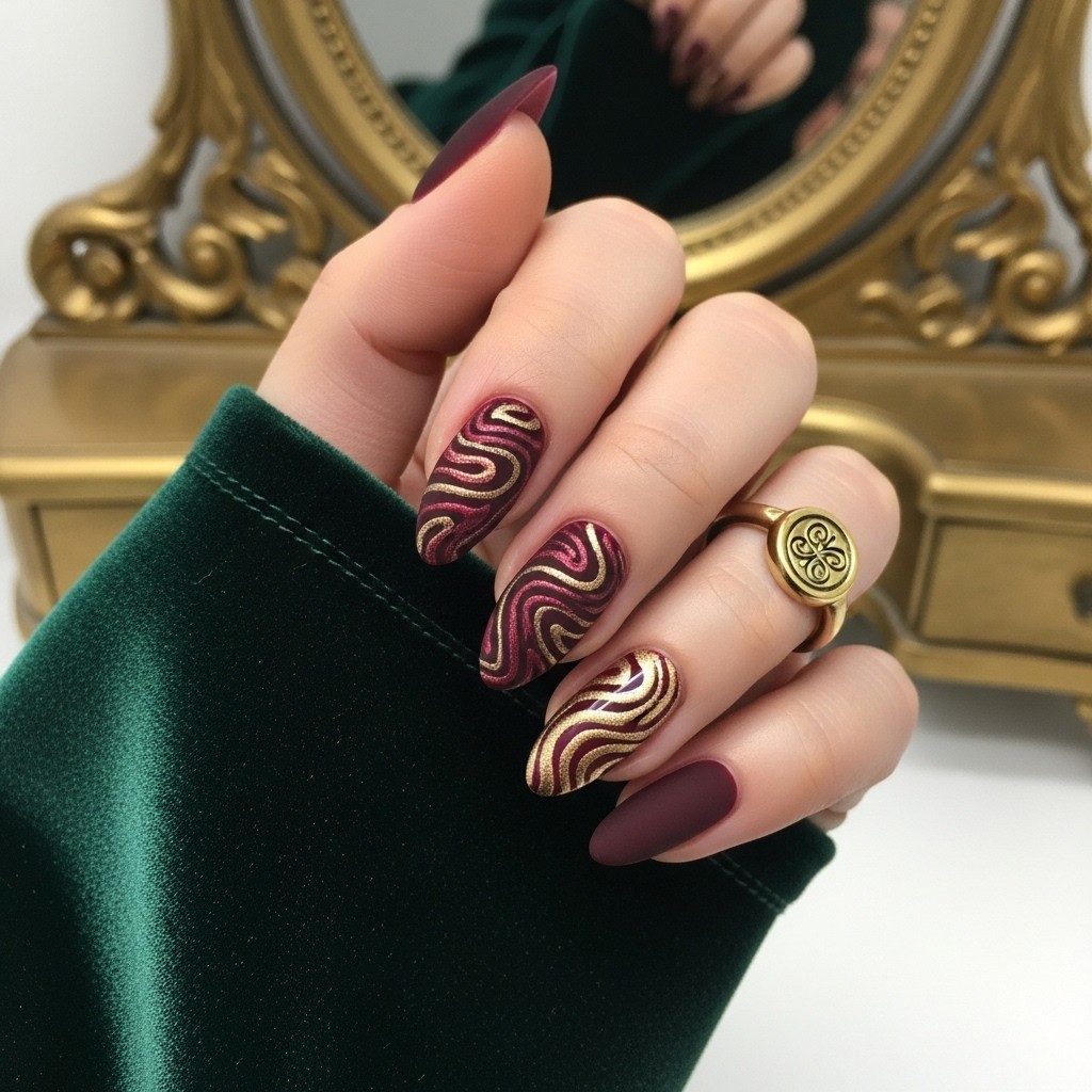 Luxurious velvet swirl nails with burgundy-wine ombré swirls and gold accents on almond-shaped nails, styled with vintage gold ring against emerald velvet.