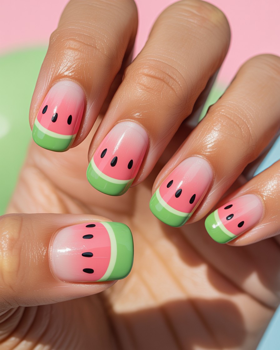 Glossy short nails with pink base and green watermelon French tips dotted with tiny black seeds.