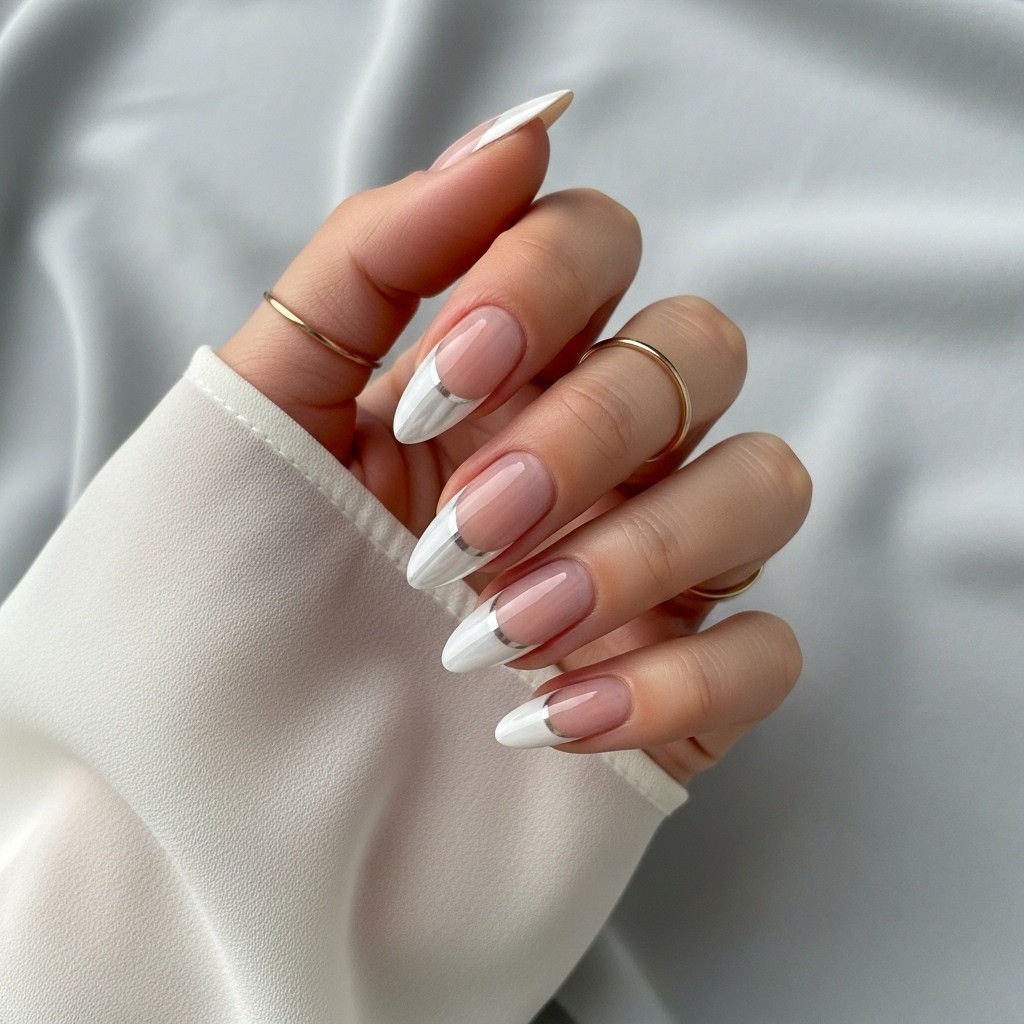 Hand with almond-shaped nails featuring glossy white chrome French tips over a nude base, accessorized with a gold ring and styled against a pale grey fabric background with soft lighting.