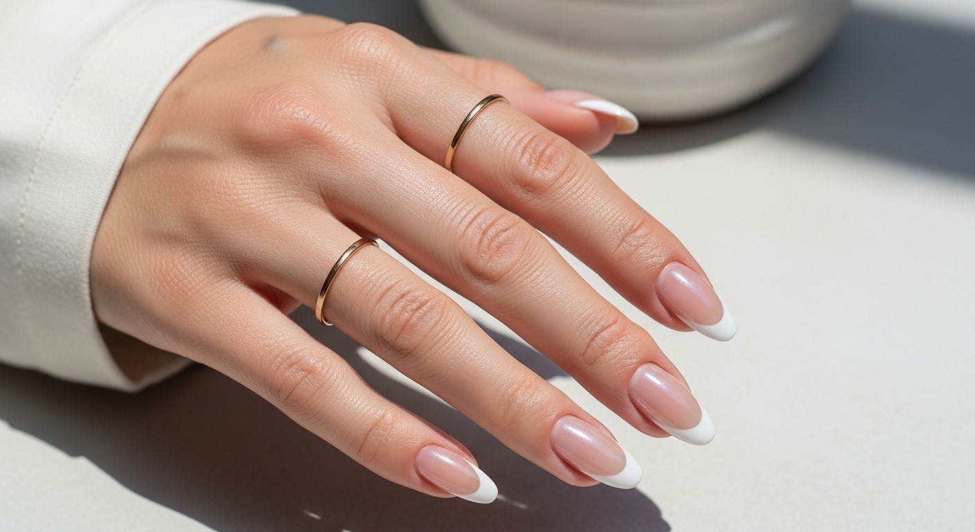 Almond nails with nude base and white chrome French tips on a naturally posed hand with soft lighting.