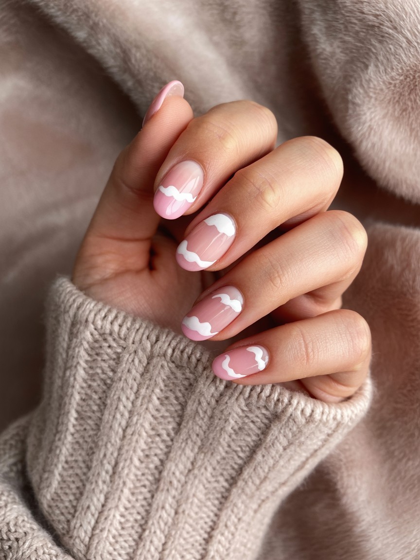 Back of the hand with almond-shaped French tip nails featuring white cloud designs, framed by a light knit sleeve and soft textured background.