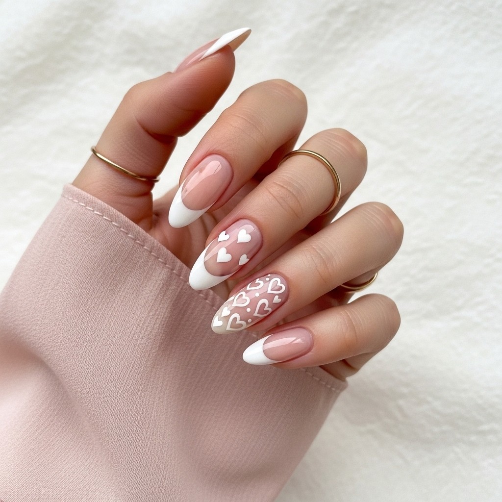 nails with glossy white French tips and delicate heart and swirl accents on a nude base, styled with a gold ring and soft rose chiffon sleeve against a neutral background.