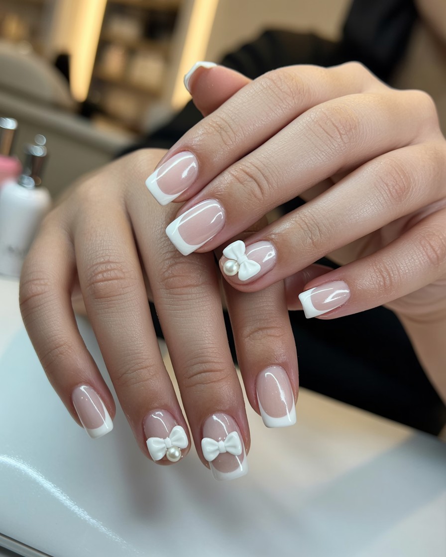 White French tip nails decorated with delicate 3D bows and pearl accents, glossy finish in a stylish nail salon setting.