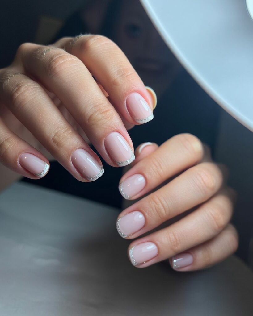 White French tip nails with silver glitter outline on the tips, glossy finish, photographed in a modern nail salon.