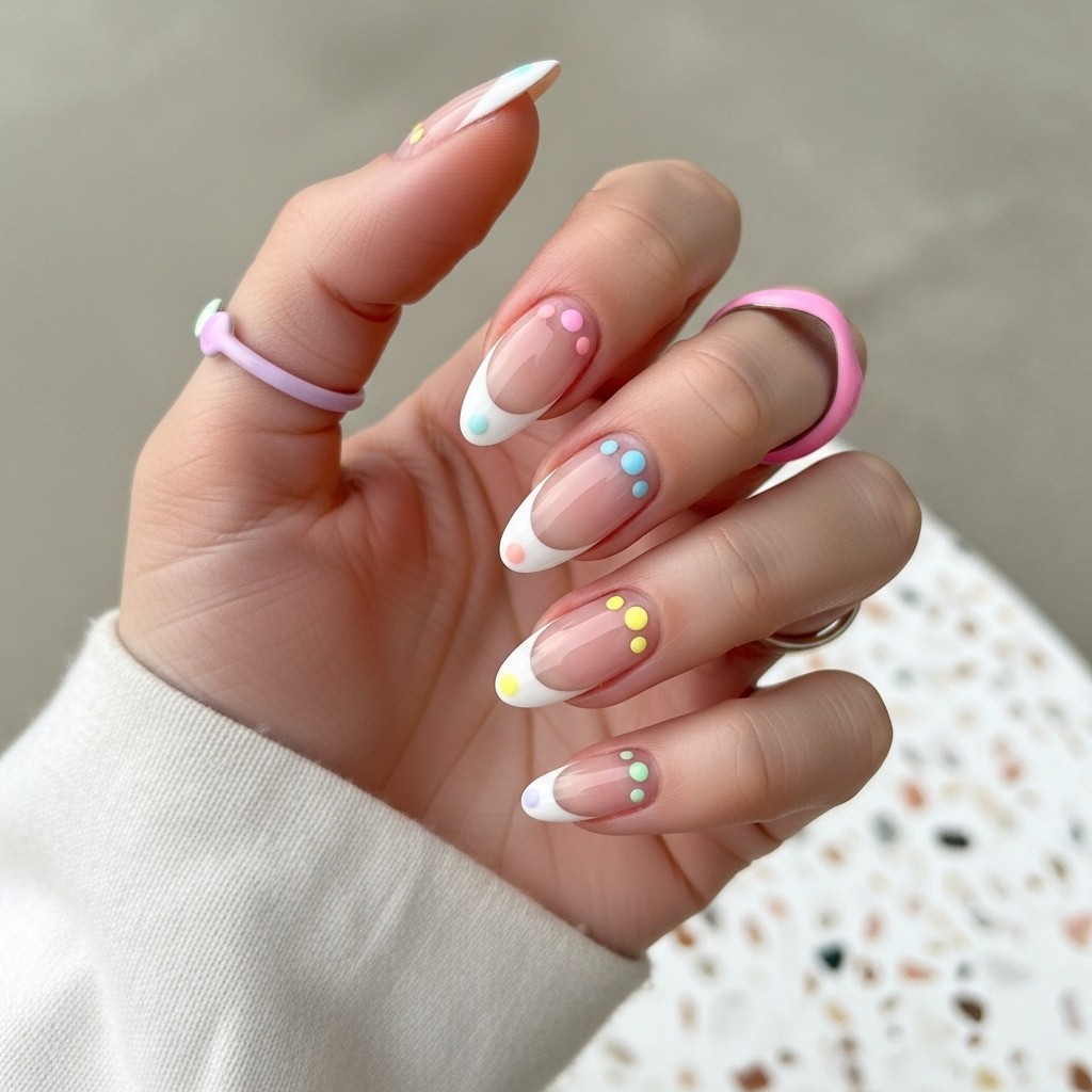Almond-shaped nails with white French tips and colorful pastel dot accents on a nude base, photographed with soft lighting and a light cotton sleeve.