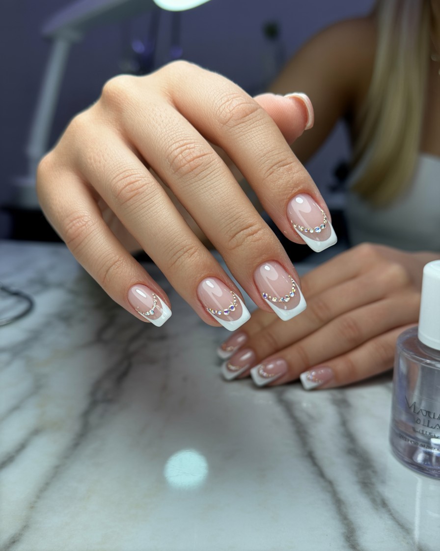 White French tip nails with small rhinestone accents on a nude base, styled in a modern nail salon setting.