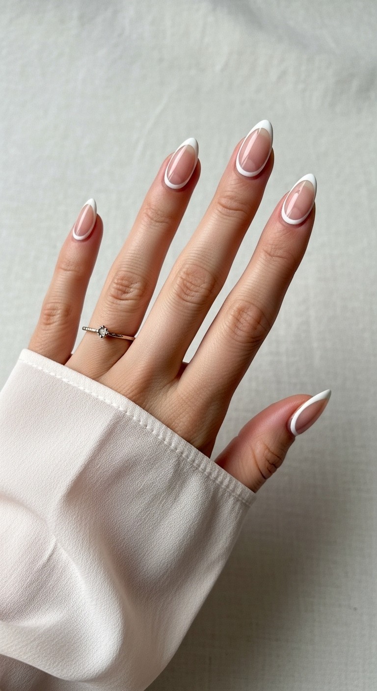 Almond-shaped nails featuring minimalist white half-moon outlines on a nude base, glossy finish, with a gold ring and soft chiffon sleeve, styled against a neutral fabric background.