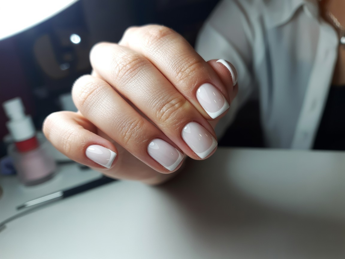 Hyper-realistic white-on-white French manicure with a matte white base and glossy bright white tips, in a salon setting.
