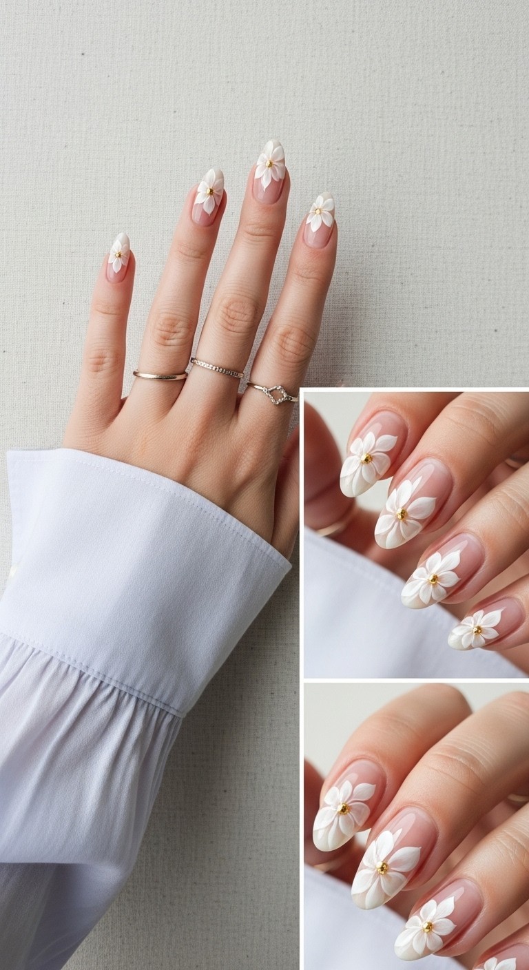 Hand-painted white petal nail art on oval nails with a sheer nude base, styled with a soft pastel sleeve and subtle gold ring, perfect for a summer manicure look.