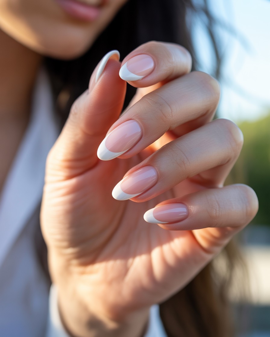 Close-up of almond-shaped nails with soft pastel pink base and crisp white French tips, glossy finish, feminine and playful manicure.