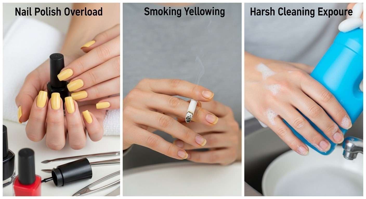 A three-part image illustrating lifestyle causes of yellow nails: first, a hand with yellow-stained nails near dark red and black nail polish bottles; second, a hand holding a cigarette with visible nicotine stains around the fingernails; third, a bare hand in soapy water showing dryness and mild discoloration from chemical exposure. Each scene emphasizes a different habit that contributes to nail staining or damage.