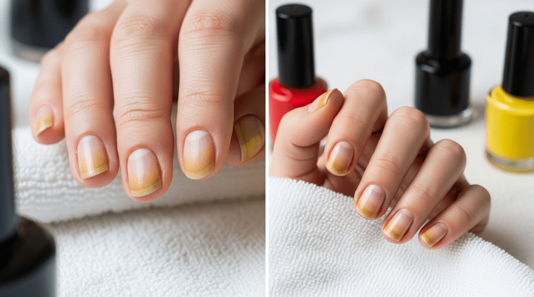 A close-up of hands with yellow-stained fingernails resting on a white towel, surrounded by bottles of red, black, and yellow nail polish. The nails show visible discoloration from prolonged polish use, with a gradient of yellowing near the tips. The image visually highlights cosmetic staining as a common cause of yellow nails.