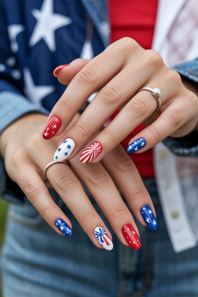 Hand with red, white, and blue patriotic nail art featuring stars, stripes, and subtle fireworks, styled with a festive sleeve and soft lighting.
