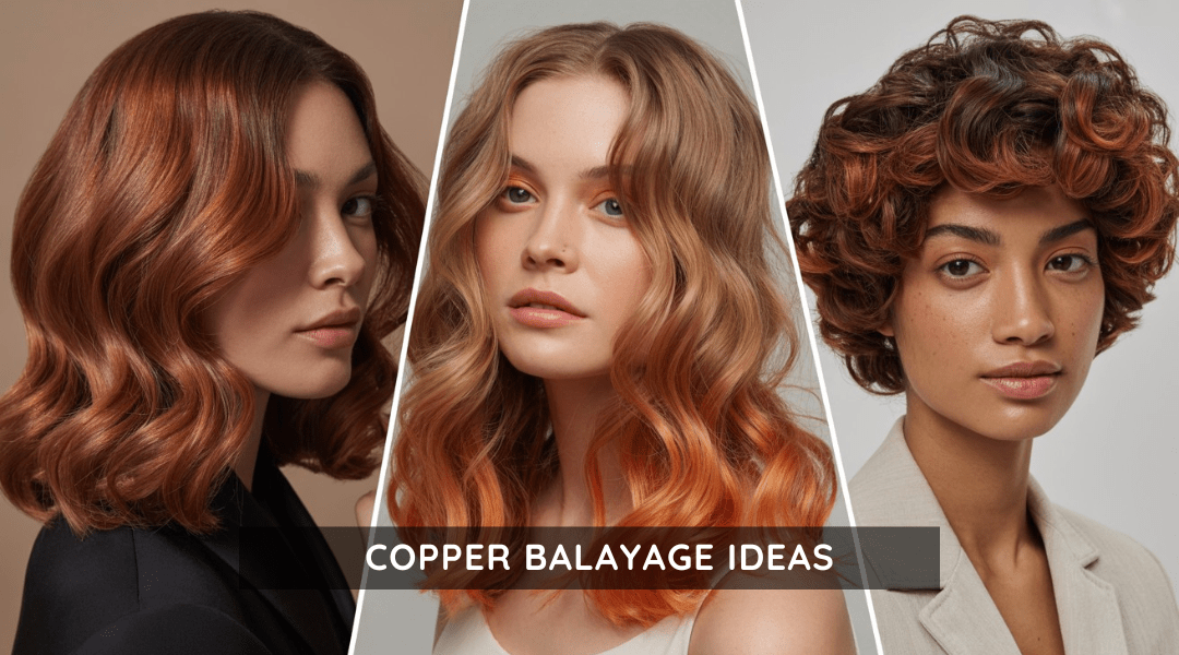Collage of three women showcasing copper balayage hairstyles — auburn copper waves, bright copper ombré curls, and a short textured copper bob — with "Copper Balayage Ideas" text overlay.