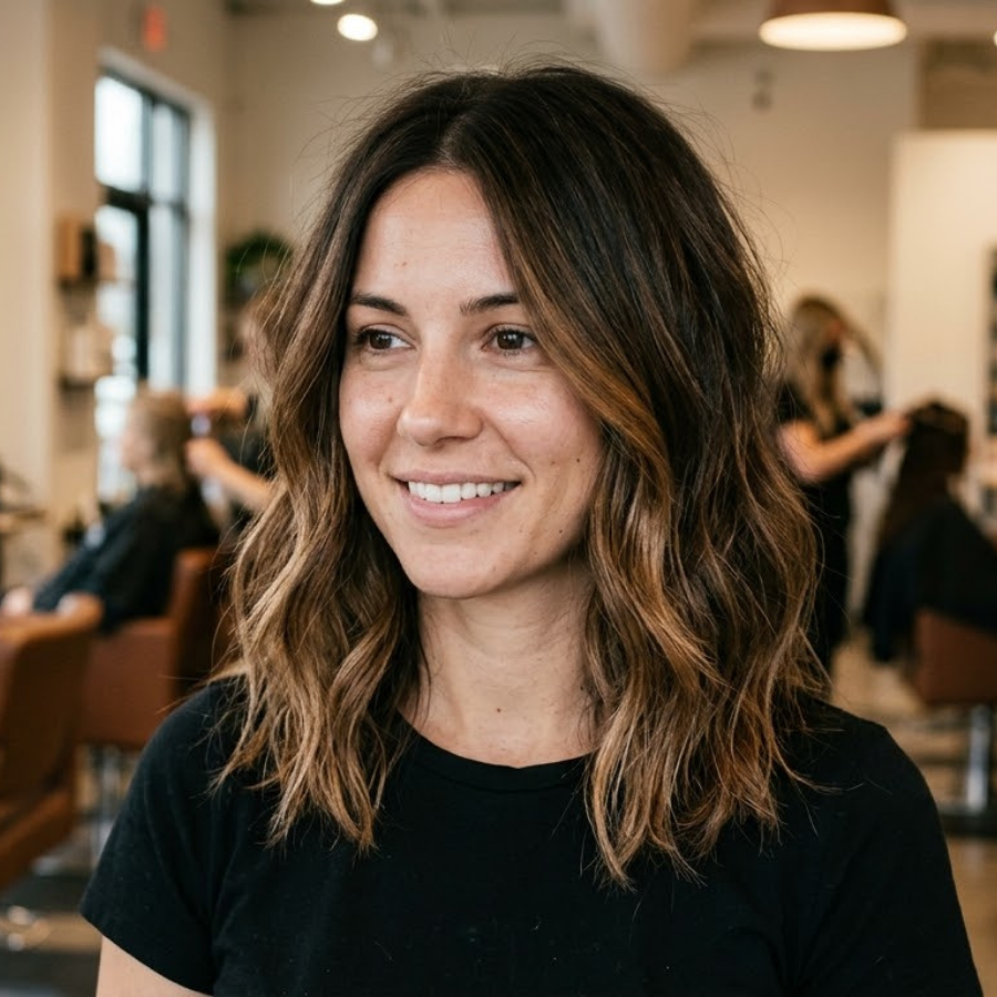 Shoulder length caramel balayage on brown hair with soft waves and natural salon blend